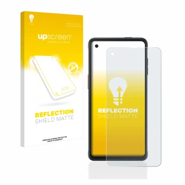 Parte frontal de un envase de producto con el logotipo de la marca upscreen. Al lado se muestra el dispositivo Samsung Galaxy 