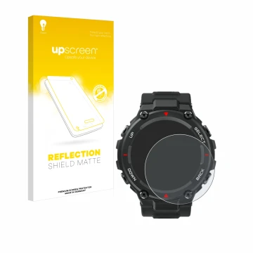 Parte frontal de un envase de producto con el logotipo de la marca upscreen. Al lado se muestra el dispositivo Huami Amazfit T