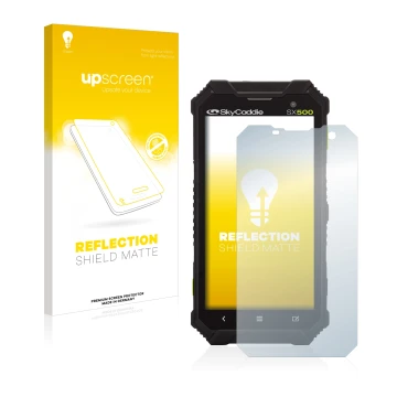 Parte frontal de un envase de producto con el logotipo de la marca upscreen. Al lado se muestra el dispositivo SkyCaddie SX500