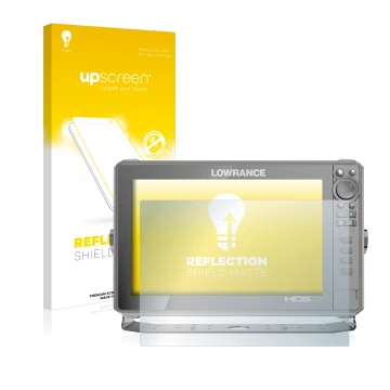 Parte frontal de un envase de producto con el logotipo de la marca upscreen. Al lado se muestra el dispositivo Lowrance HDS Li