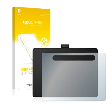 Parte frontal de un envase de producto con el logotipo de la marca upscreen. Al lado se muestra el dispositivo Wacom Intuos M 