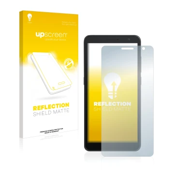 Parte frontal de un envase de producto con el logotipo de la marca upscreen. Al lado se muestra el dispositivo Alcatel 1B 2020