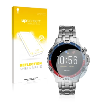 Parte frontal de un envase de producto con el logotipo de la marca upscreen. Al lado se muestra el dispositivo Fossil Garrett 