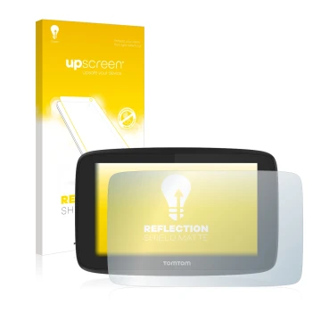 Parte frontal de un envase de producto con el logotipo de la marca upscreen. Al lado se muestra el dispositivo TomTom Go Profe