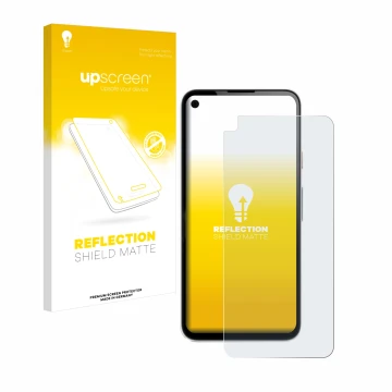 Parte frontal de un envase de producto con el logotipo de la marca upscreen. Al lado se muestra el dispositivo Google Pixel 4a