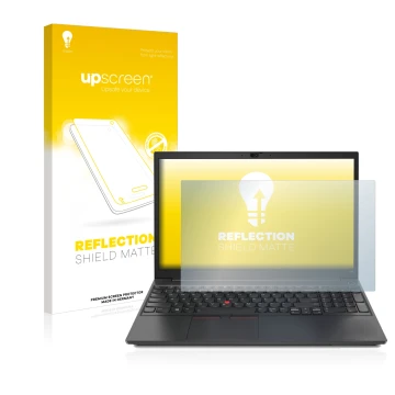 Parte frontal de un envase de producto con el logotipo de la marca upscreen. Al lado se muestra el dispositivo Lenovo ThinkPad