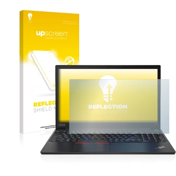 Parte frontal de un envase de producto con el logotipo de la marca upscreen. Al lado se muestra el dispositivo Lenovo ThinkPad