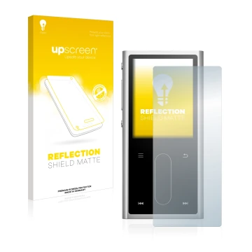 Parte frontal de un envase de producto con el logotipo de la marca upscreen. Al lado se muestra el dispositivo FiiO M3K con su