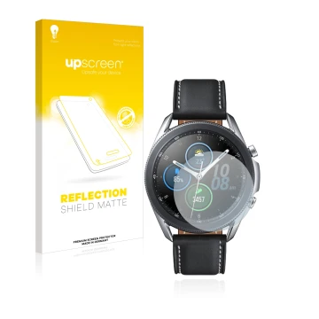 Parte frontal de un envase de producto con el logotipo de la marca upscreen. Al lado se muestra el dispositivo Samsung Galaxy 