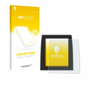 Parte frontal de un envase de producto con el logotipo de la marca upscreen. Al lado se muestra el dispositivo Renault Clio 5 