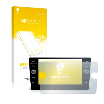 Parte frontal de un envase de producto con el logotipo de la marca upscreen. Al lado se muestra el dispositivo Volkswagen Arte