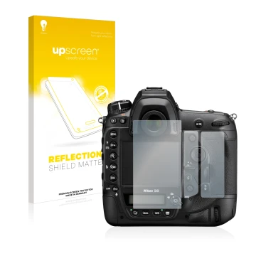 Parte frontal de un envase de producto con el logotipo de la marca upscreen. Al lado se muestra el dispositivo Nikon D6 con su