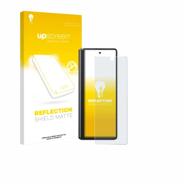 Parte frontal de un envase de producto con el logotipo de la marca upscreen. Al lado se muestra el dispositivo Samsung Galaxy 