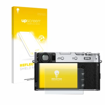 Parte frontal de un envase de producto con el logotipo de la marca upscreen. Al lado se muestra el dispositivo Fujifilm X100V 