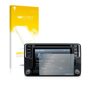 Parte frontal de un envase de producto con el logotipo de la marca upscreen. Al lado se muestra el dispositivo Volkswagen Cadd