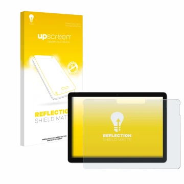 Parte frontal de un envase de producto con el logotipo de la marca upscreen. Al lado se muestra el dispositivo Microsoft Surfa