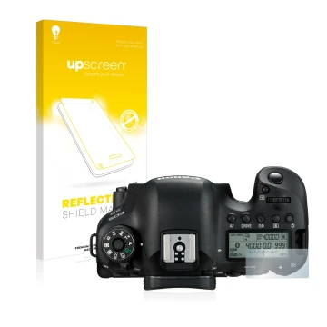 Parte frontal de un envase de producto con el logotipo de la marca upscreen. Al lado se muestra el dispositivo Canon EOS 6D (p