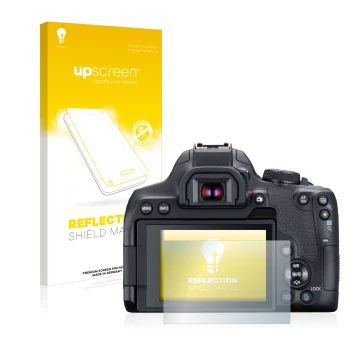 Parte frontal de un envase de producto con el logotipo de la marca upscreen. Al lado se muestra el dispositivo Canon EOS 850D 