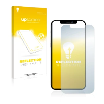 Parte frontal de un envase de producto con el logotipo de la marca upscreen. Al lado se muestra el dispositivo Apple iPhone 12