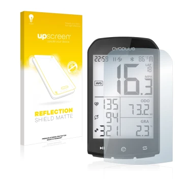 Parte frontal de un envase de producto con el logotipo de la marca upscreen. Al lado se muestra el dispositivo Cycplus M1 2.9