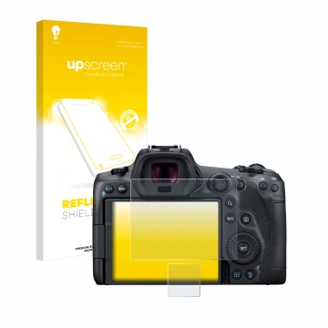 Parte frontal de un envase de producto con el logotipo de la marca upscreen. Al lado se muestra el dispositivo Canon EOS R5 co