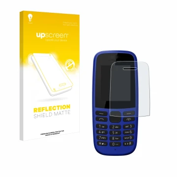 Parte frontal de un envase de producto con el logotipo de la marca upscreen. Al lado se muestra el dispositivo Nokia 105 DS 20
