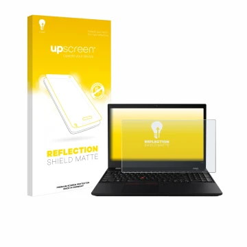 Parte frontal de un envase de producto con el logotipo de la marca upscreen. Al lado se muestra el dispositivo Lenovo ThinkPad