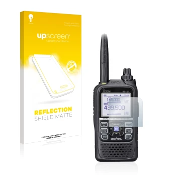 Parte frontal de un envase de producto con el logotipo de la marca upscreen. Al lado se muestra el dispositivo Icom ID-51E Plu