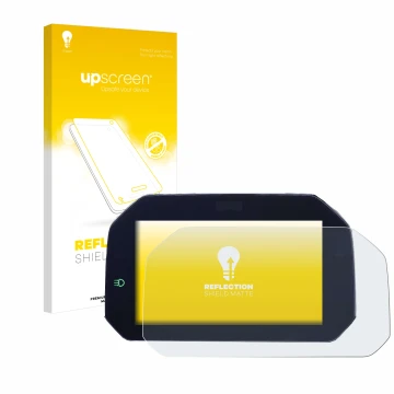 Parte frontal de un envase de producto con el logotipo de la marca upscreen. Al lado se muestra el dispositivo BMW F850GS 2018