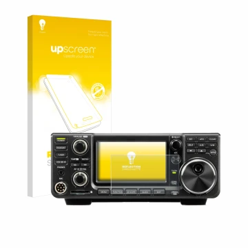 Parte frontal de un envase de producto con el logotipo de la marca upscreen. Al lado se muestra el dispositivo Icom IC-9700 co