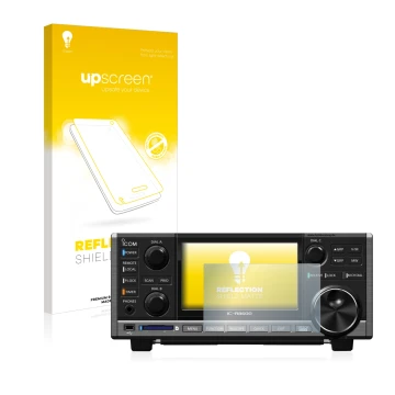 Parte frontal de un envase de producto con el logotipo de la marca upscreen. Al lado se muestra el dispositivo Icom IC-R8600 c