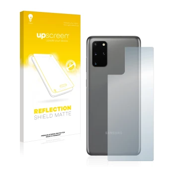 Parte frontal de un envase de producto con el logotipo de la marca upscreen. Al lado se muestra el dispositivo Samsung Galaxy 