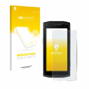 Parte frontal de un envase de producto con el logotipo de la marca upscreen. Al lado se muestra el dispositivo Crosscall Core 