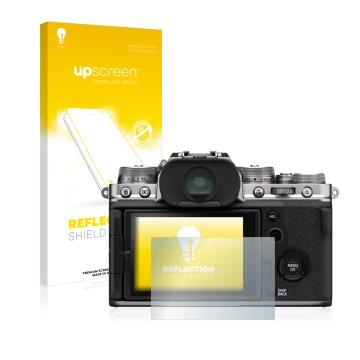 Parte frontal de un envase de producto con el logotipo de la marca upscreen. Al lado se muestra el dispositivo Fujifilm X-T4 c