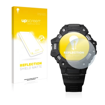 Parte frontal de un envase de producto con el logotipo de la marca upscreen. Al lado se muestra el dispositivo Casio G-Shock G