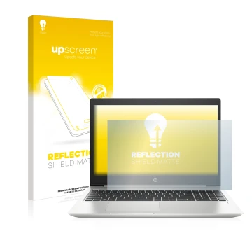 Parte frontal de un envase de producto con el logotipo de la marca upscreen. Al lado se muestra el dispositivo HP ProBook 450 