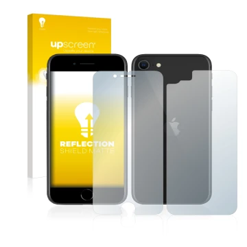 Parte frontal de un envase de producto con el logotipo de la marca upscreen. Al lado se muestra el dispositivo Apple iPhone SE