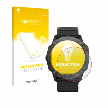 Parte frontal de un envase de producto con el logotipo de la marca upscreen. Al lado se muestra el dispositivo Garmin Fenix 6X