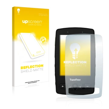 Parte frontal de un envase de producto con el logotipo de la marca upscreen. Al lado se muestra el dispositivo TwoNav Aventura