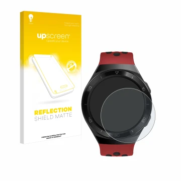 Parte frontal de un envase de producto con el logotipo de la marca upscreen. Al lado se muestra el dispositivo Huawei Watch GT