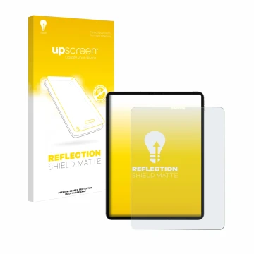 Parte frontal de un envase de producto con el logotipo de la marca upscreen. Al lado se muestra el dispositivo Apple iPad 12.9
