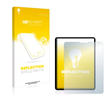 Parte frontal de un envase de producto con el logotipo de la marca upscreen. Al lado se muestra el dispositivo Apple iPad Pro 