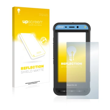 Parte frontal de un envase de producto con el logotipo de la marca upscreen. Al lado se muestra el dispositivo Ecom Smart-Ex 0