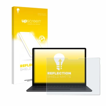 Parte frontal de un envase de producto con el logotipo de la marca upscreen. Al lado se muestra el dispositivo Microsoft Surfa