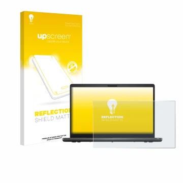 Parte frontal de un envase de producto con el logotipo de la marca upscreen. Al lado se muestra el dispositivo Dell Latitude 5