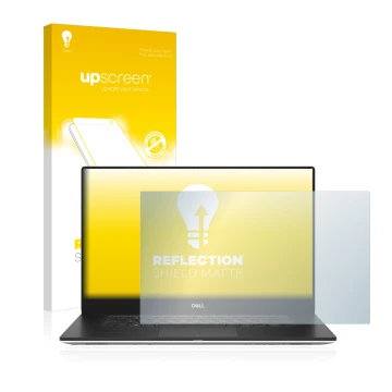 Parte frontal de un envase de producto con el logotipo de la marca upscreen. Al lado se muestra el dispositivo Dell Precision 