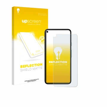 Parte frontal de un envase de producto con el logotipo de la marca upscreen. Al lado se muestra el dispositivo Google Pixel 5 