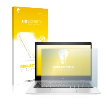 Parte frontal de un envase de producto con el logotipo de la marca upscreen. Al lado se muestra el dispositivo HP EliteBook x3