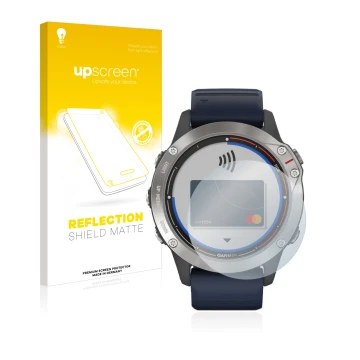 Parte frontal de un envase de producto con el logotipo de la marca upscreen. Al lado se muestra el dispositivo Garmin quatix 6