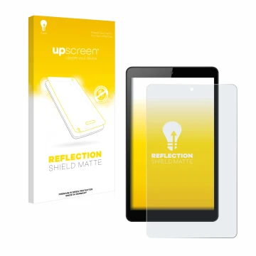 Parte frontal de un envase de producto con el logotipo de la marca upscreen. Al lado se muestra el dispositivo Huawei MediaPad